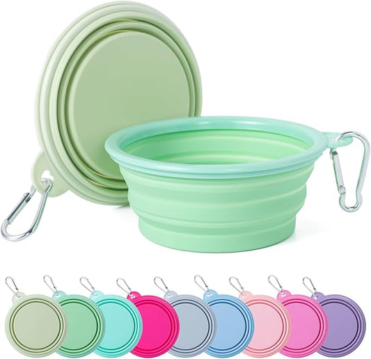 SLSON Collapsible Dog Bowl, 2Pack Macaron Color Pet Travel Bowls Silicone Foldable Water Feeder Dish for Small to Large Dogs Cat Walking Hiking Camping (Macaron Light Green and Light Yellow, Small)