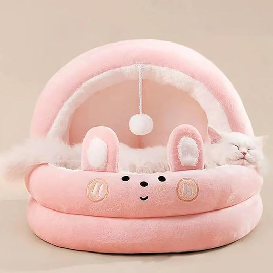 Cat Bed for Indoor Cats, Dog Bed with Anti-Slip Bottom, Rabbit-Shaped Cat/Small Dog Cave with Hanging Toy, Puppy Beds with Removable Cotton Pad, Super Soft Calming Pet Sofa Bed (Pink, Small)