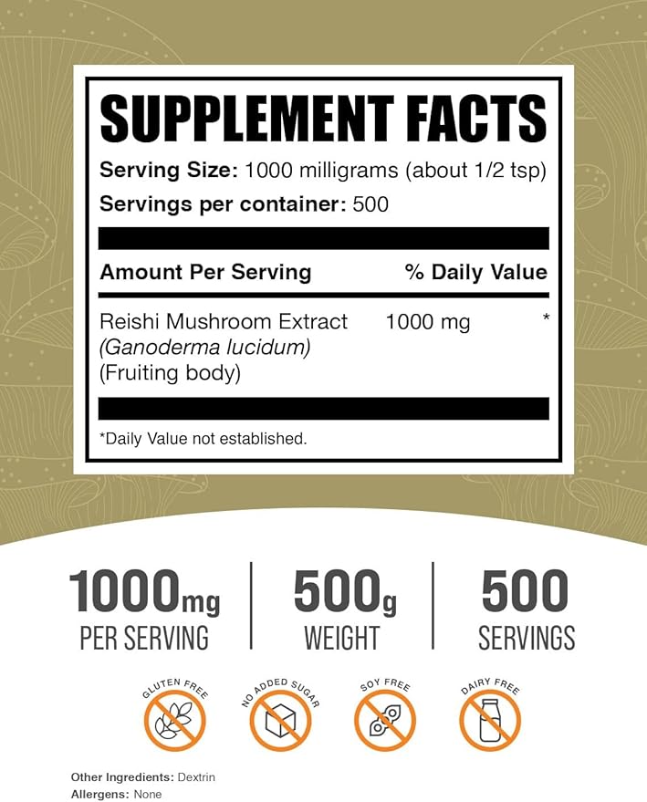 BulkSupplements.com Reishi Mushroom Extract Powder - Reishi Mushroom Powder, Supplement for Overall Well-Being - Gluten Free, 1g per Serving, 500g (1.1 lbs) (Pack of 1)
