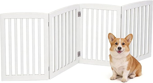 ZENY 24 Inch Pet Dog Gate, Foldable Freestanding Dog Door 4 Panel, White Wooden Z Shape Step Over Pet Fence for Entryway, Stairs, Doorway, White