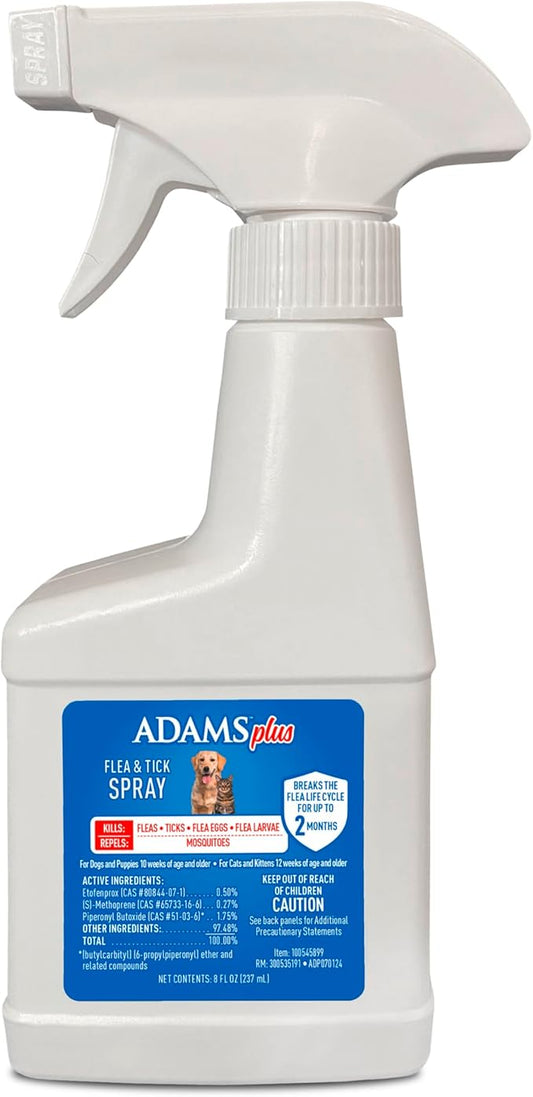 ADAMS Plus Flea & Tick Dog and Cat Spray, Kills Fleas & Ticks, Repels Mosquitoes, Prevents Flea Infestations for up to 2 Months, Flea Treatment for Dogs, Cats, Puppies, & Kittens, 8 Fl oz