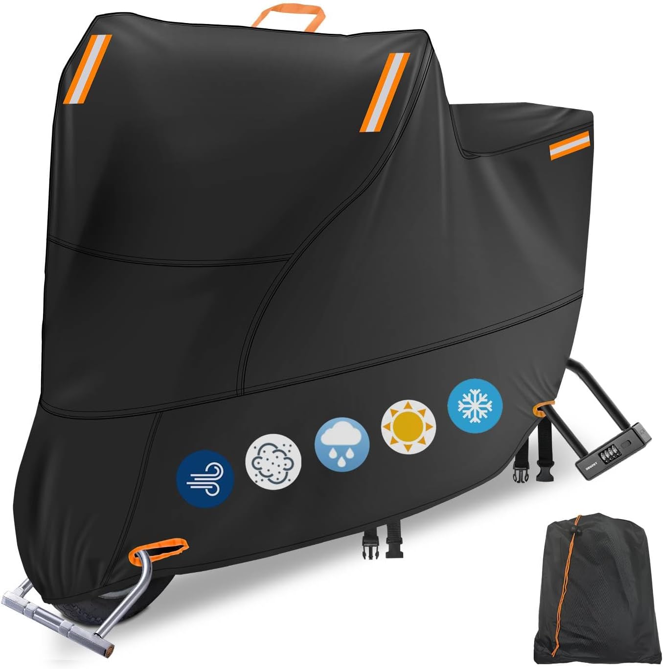 Motorbike Cover for Outside Storage, Waterproof Motorcycle Scooter Moped Cover Outdoor with 4 Reflective Strips and 2 Windproof Buckles, 2 Lock-Holes for Cruisers Sportbikes (2XL: 94 x 35 x 49 inch)