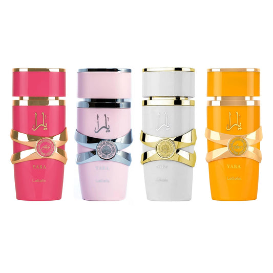 Lattafa 4 Piece Set Eau De Parfum Spray For Women (3.4 Ounce Yara + 3.4 Ounce Yara Moi + 3.4 Ounce Yara Tous + 3.4 Ounce Yara Ca