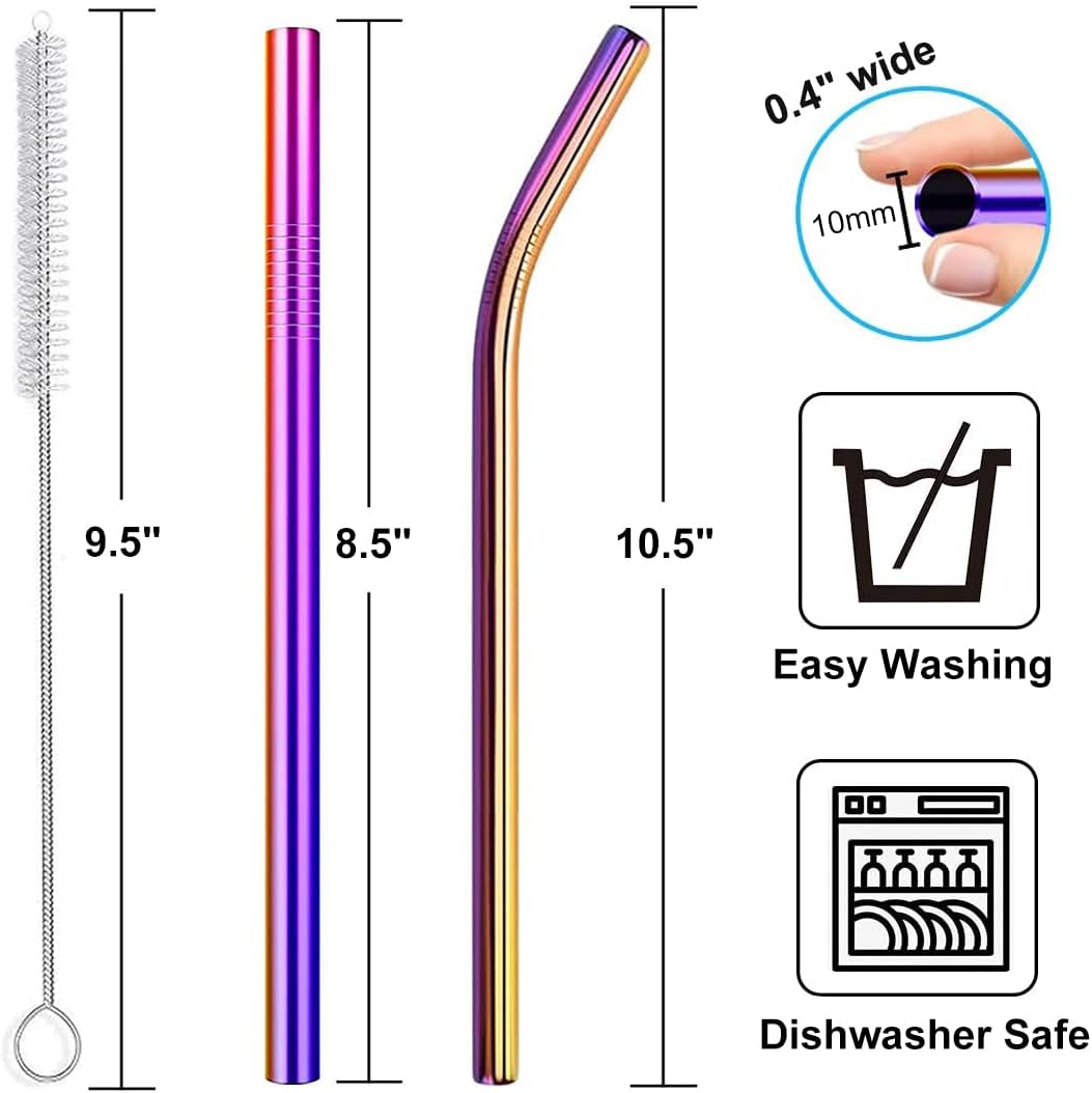 Vinaco Reusable Smoothie Straws, 0.4'' Wide Stainless Steel, 10.5'' & 8.5'' Long, 4 Pack with 1 Cleaner for Milkshake, Smoothie, Bubble Tea