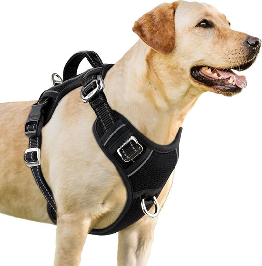 BARKBAY No Pull Dog Harness 3 Buckles Large Reflective Dog Harness with Front Clip and Easy Control Handle for Walking Training Running with ID tag Pocket(Black,XL)