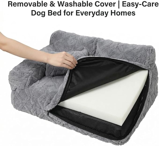 Plush Calming Pet Sofa Bed, Raised Rim, Removable Cover & Non-Slip Bottom for Cats & Dogs, Calming Dog Bed Fluffy Plush Dog Mat for Furniture Protector with Removable Washable Cover (Black, Large)