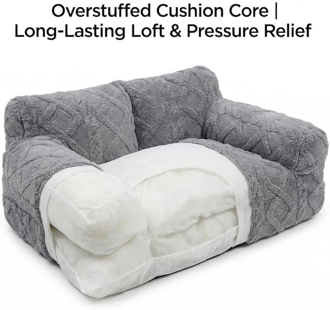 Plush Calming Pet Sofa Bed, Raised Rim, Removable Cover & Non-Slip Bottom for Cats & Dogs, Calming Dog Bed Fluffy Plush Dog Mat for Furniture Protector with Removable Washable Cover (Khaki, Small)