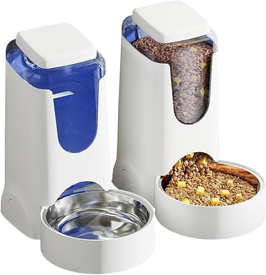 Hamiledyi Pets Automatic Gravity Feeder Dogs 2.8L Food & 4L Water Dispenser Set with Stainless Steel Bowl for Medium Big Dog Cat (White)