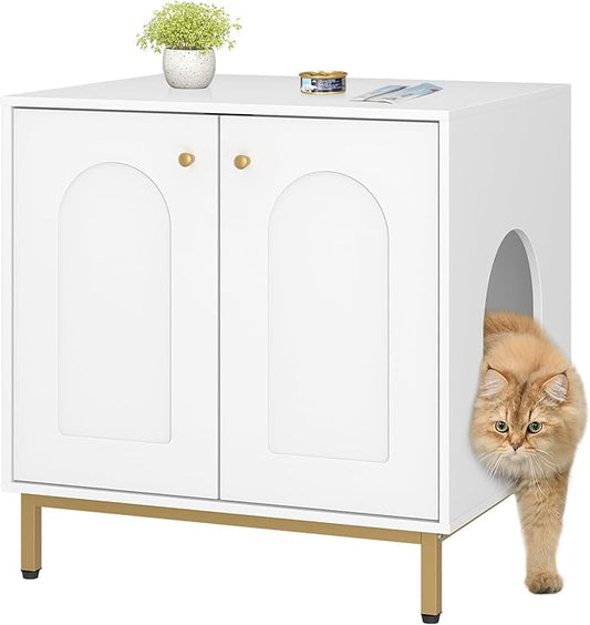 Cat Litter Box Enclosure, Hidden Litter Box Furniture Cabinet, Wooden Indoor Cat House, Side End Table, Living Room, Bedroom, White and Gold CB81203G