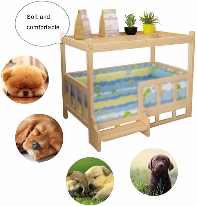 XPLKQXE Dog Bed Wood Platform, Elevated Pet Cushion Bed, Animal Couch with Mattress, Dog Beds & Furniture Rest Cot, Portable Fence Bed Pet Up to 45kg/100lbs(Color:Pink,Size:90x55x70cm)