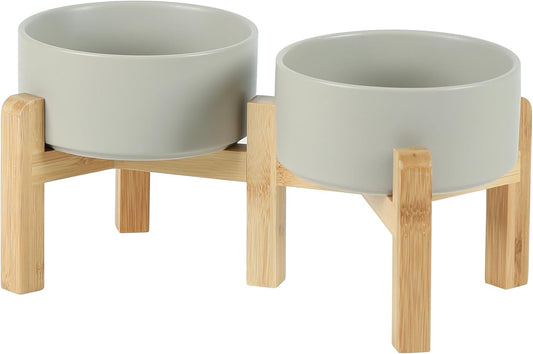 Ceramic Raised Double Bowls Set with Stand, 2 Heights Elevated, Food & Water Bowls for Small Breed Dogs, Weighted Dog Dishes, Pet Bowl(6.1'',28.7oz, Grey)