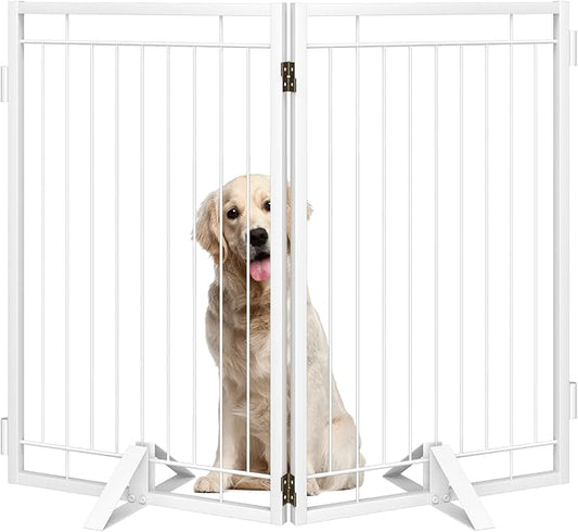 Metal Free Standing Dog Gate with Cat Door for Indoor/Outdoor,40" Extra Wide Foldable Pet Gate,32" Tall Foldable Indoor Dog Fence for Large Openings Stairs,Deck,Yard,Doorways(2 Panels,White)