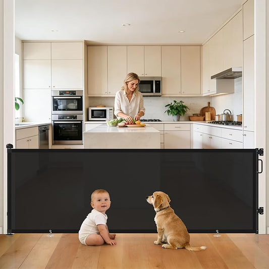 96" Retractable Baby Gates Large Openings, Extra Wide Mesh Dog Gate for Garage Deck Porch, Strong Suction Disc Prevent Crawling Under, 34" Tall Long Safety Gate for Child Indoor Outdoor, Black