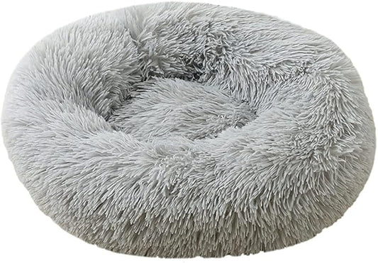 Calming Faux Fur Dog Beds Calming Donut Cuddler Dog Bed Washable Round Cat Bed Pillow Cuddler Fluffy Indoor Dog Calming Beds with Anti Slip Bottom Solid Color Light Grey 27 Inch