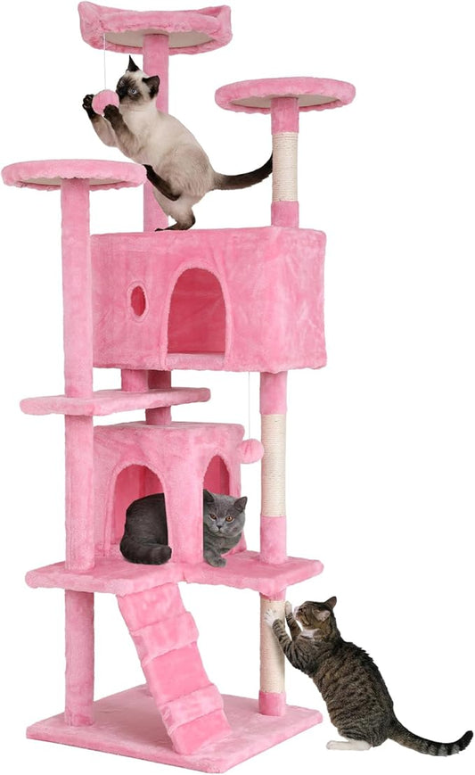 70in Cat Tree Cat Climbing Tower with Scratching Post, Cats House Perch Kitten Tree Condo Wood Playhouse, Pet Trees Tower for Indoor Cats, Pink