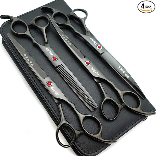 7.0in Titanium Professional dog Grooming Scissors set,Straight & Thinning & Curved scissors 4pcs set for Dog grooming (Bright black)