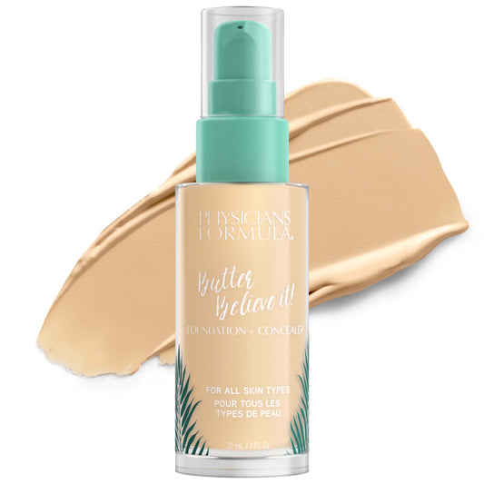 Physicians Formula Butter Believe It! Foundation + Concealer, Fair, 1 Fl Oz - Dermatologist Tested, Clinically Tested Makeup for Flawless Skin