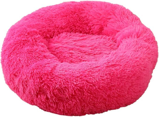 Calming Faux Fur Dog Beds Calming Donut Cuddler Dog Bed Washable Round Cat Bed Pillow Cuddler Fluffy Indoor Dog Calming Beds with Anti Slip Bottom Solid Color Hot Pink 20 Inch