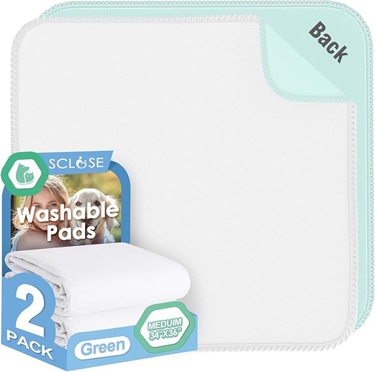 Washable Pee Pads for Dogs 2 Pack, 34" x 36" Waterproof Incontinence Bed Pads for Adults, Elderly and Kids, Nursing Pads, Chucks Pads, Super Asorbent Dog Training Pads, White & Green