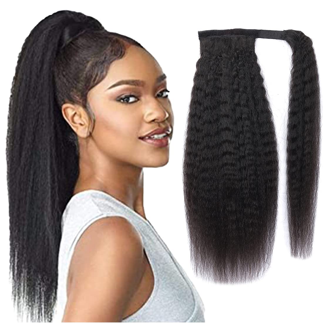 Ponytail Extension Human Hair Kinky Straight With Wrap Around Magic Paste 12 Inch, Natural Black Brazilian Hair Clip In Extensio