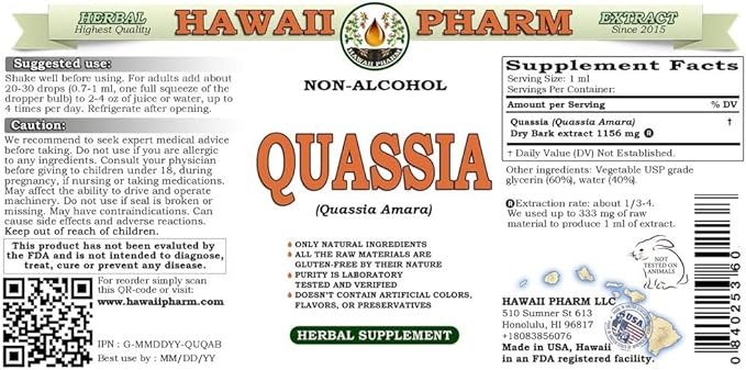 Quassia Alcohol-Free Liquid Extract, Quassia (Quassia Amara) Dried Bark Glycerite Natural Herbal Supplement, Hawaii Pharm, USA 4 fl.oz