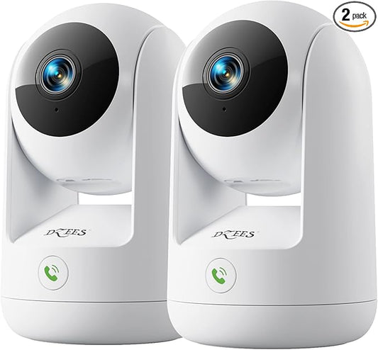 Dzees 2K Indoor Security Camera 2 Pack, 360 Degree WiFi Pet Camera with Phone App, 5G and 2.4G, Wired Home Camera with 2-Way Audio, Motion Tracking, Night Vision, White