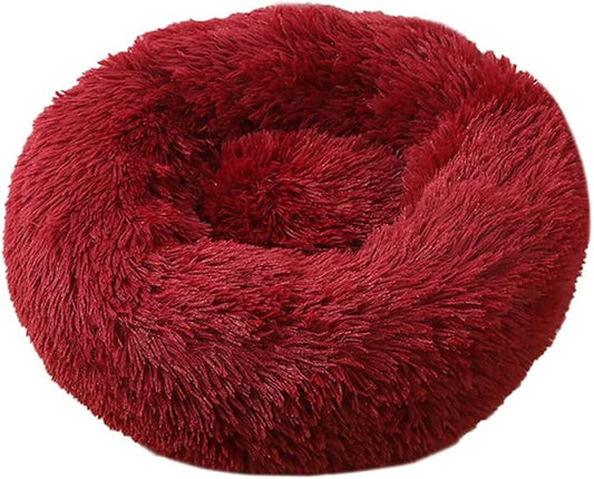 Calming Faux Fur Dog Beds Calming Donut Cuddler Dog Bed Washable Round Cat Bed Pillow Cuddler Fluffy Indoor Dog Calming Beds with Anti Slip Bottom Solid Color Dark Red 39 Inch