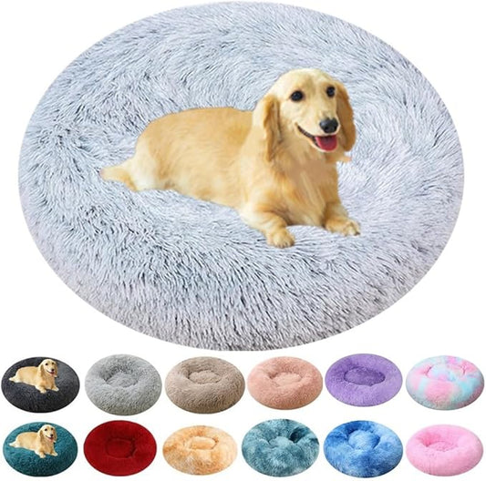 Calming Large Dog Bed & Cat Bed, 43 Inch Anti-Anxiety Donut Dog Cuddler Cat Bed, Warming Cozy Soft Dog Round Bed, Fluffy Faux Fur Machine Washable Pet Cushion for Medium Dogs & Cats (Grey White)