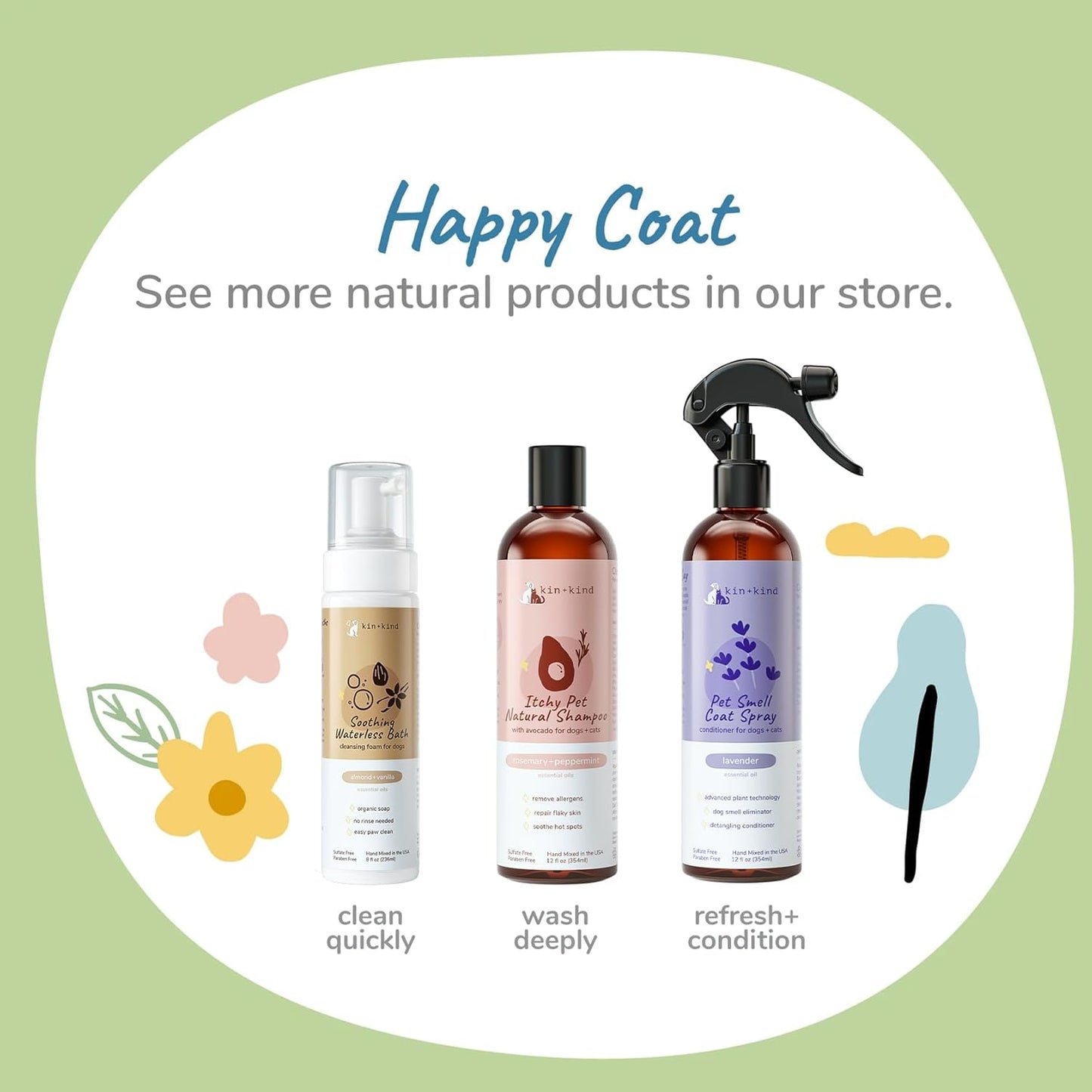kin+kind Waterless Dry Shampoo for Dogs - Rinse-Free, Eliminate Itch and Odor, Natural Formula with Witch Hazel, Coconut Oil, Olive Oil, Almond and Vanilla - Made in USA