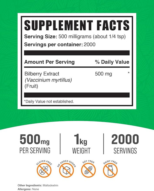 BulkSupplements.com Bilberry Extract Powder - Bilberry Fruit Extract, Bilberry Powder, Bilberry Supplement for Eyes - Glulten Free, 500mg per Serving, 1kg (2.2 lbs) (Pack of 1)