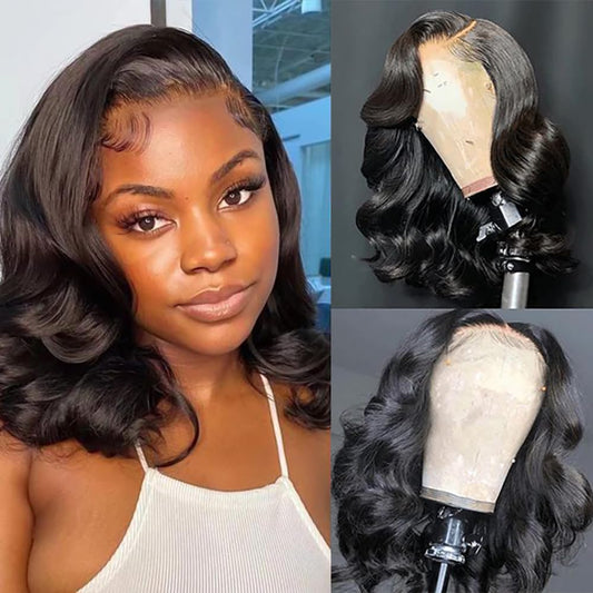 Fascara Bob Wig Human Hair 14 Inch Short Body Wave Wig 13X4 Transparent Lace Front Body Wave Bob Wig 180% Density Bob Lace Front