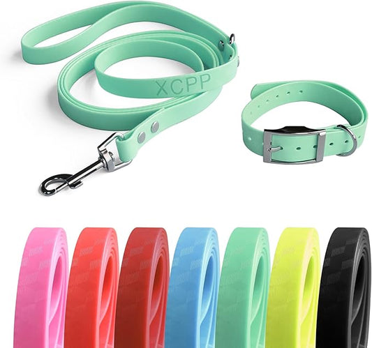 4.2FT Dog Collar and Leash Set, PVC Waterproof Adjustable Odor Proof Pet Collars Leashes, Easy to Clean, Surface 3D Cube Effect, Dog Leash for Small Dogs, Light Green