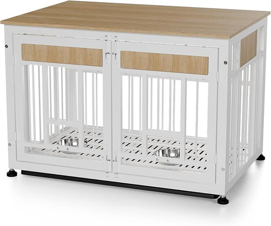 Heavy Duty Dog Crate Furniture for Large Dogs, Decorative Pet House End Table with 2 Feeder Bowls, 42.9 Inch Large Wooden Cage Kennel Furniture Indoor for Medium Dog with Bottom Tray