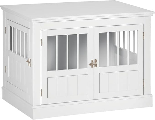 PawHut Dog Crate End Table with Triple Doors, Wooden Dog Crate Furniture Indoor Use, Puppy Crate for Small Dogs, White
