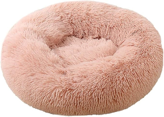 Calming Faux Fur Dog Beds Calming Donut Cuddler Dog Bed Washable Round Cat Bed Pillow Cuddler Fluffy Indoor Dog Calming Beds with Anti Slip Bottom Solid Color Peach Pink 35 Inch