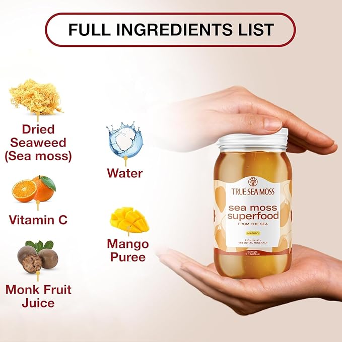 TrueSeaMoss Sea Moss Gel – Made in USA – Wildcrafted Seamoss, Fresh Fruits & Sea Vegetables – Mango, Pack of 5 (Labels may Vary)