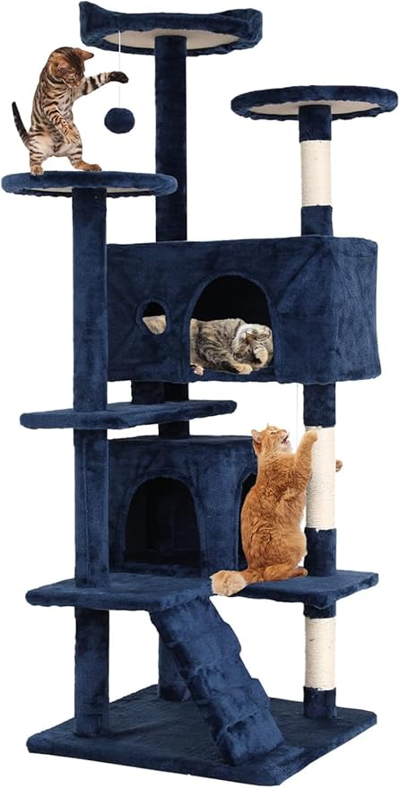 54in Cat Tree Cat Climbing Tower with Scratching Post, Cats House Perch Kitten Tree Condo Wood Playhouse, Pet Trees Tower for Indoor Cats, Navy Blue
