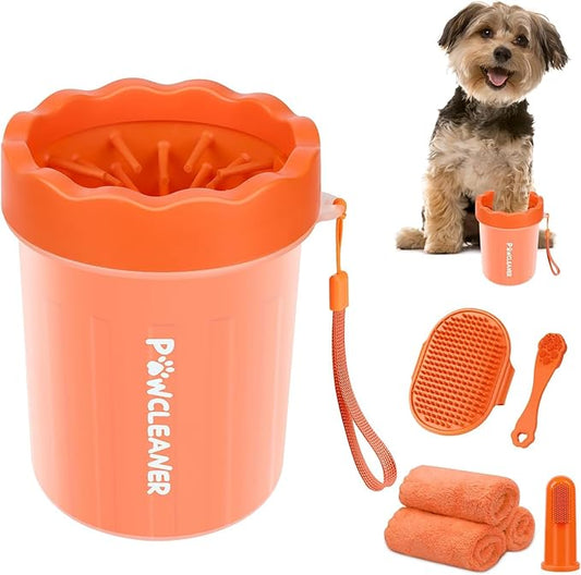 Professional 7 in 1 Dog Paw Cleaner for Dogs & Cats - Includes 1 Portable Paw Washer, 1 Bath Brush, 2 Dog Toothbrushes and 3 Absorbent Towels Note: Fits Paws up to 2 Inches Wide (Orange, Small)