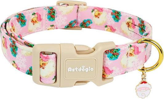 Christmas Dog Collar for Small Dogs, Adjustable Poly-Cotton Fabric Collar with Santa Pattern, Cute Pink Dog Collar for Dogs, Medium Dog Collars Girls Dog Collars