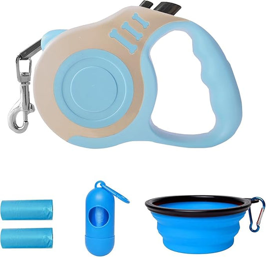 Retractable Dog Leash Automatic Telescopic Tractor Dog Tape, Pet Tape 10/16 FT Durable and Convenient, with Folding Bowl, Dispenser, Rubbish Bags, Suitable for Small and Medium Dogs