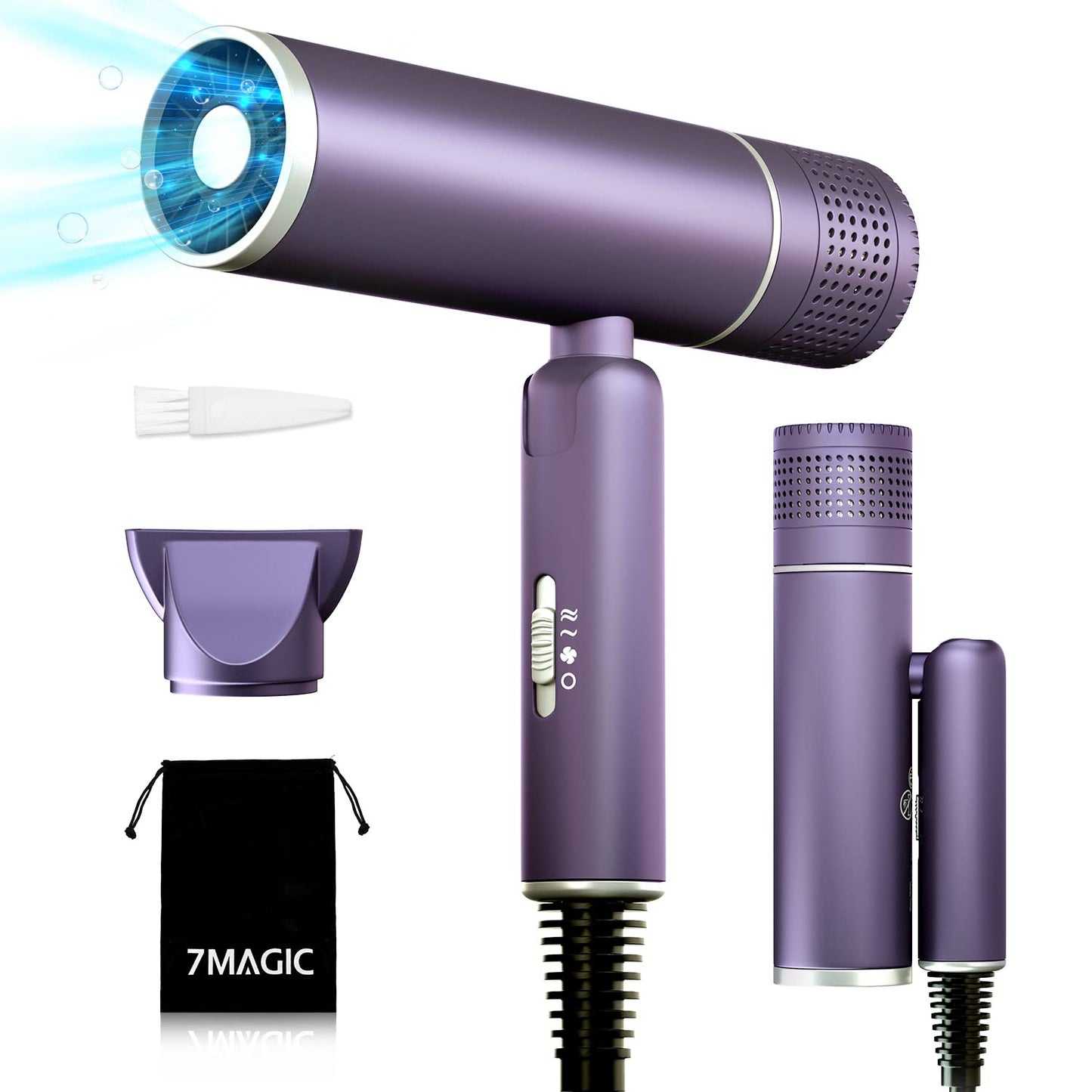 7Magic Foldable Hair Dryer, Powerful Ionic Blow Dryer For Fast Drying, Travel Hair Blow Dryer With Storage Bag, Lightweight Port
