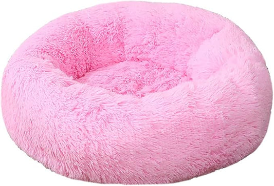 Calming Faux Fur Dog Beds Calming Donut Cuddler Dog Bed Washable Round Cat Bed Pillow Cuddler Fluffy Indoor Dog Calming Beds with Anti Slip Bottom Solid Color Pink 16 Inch