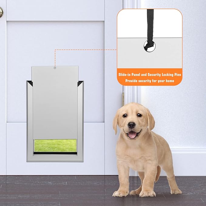 Ownpets Aluminum Dog Door, Pet Door with Magnetic Flap and Lockable Sliding Panel, Heavy Duty Doggy Door for Small Dogs and Cats(Silver)
