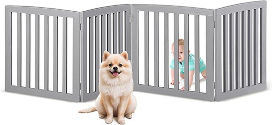 ZENY 24 Inch Pet Dog Gate, Foldable Freestanding Dog Door 4 Panel, White Wooden Z Shape Step Over Pet Fence for Entryway, Stairs, Doorway (Grey)