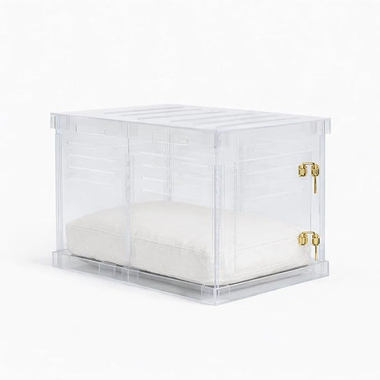 Clear Acrylic Small Dog Crate Furniture with Linen Cushion for Small Dogs up to 22 lbs, 3 in 1 Pet Crate and Gate, Modern Furniture Style Indoor Kennel, Dual Gold Latch, 16 x 24 x 18 in