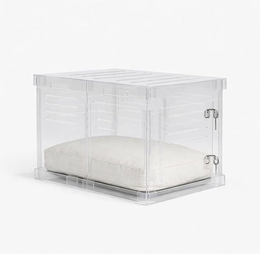 Clear Acrylic Medium Dog Crate Furniture with Linen Cushion for Medium Dogs up to 40 lbs, 3 in 1 Pet Crate and Gate, Modern Furniture Style Indoor Kennel, Dual Silver Latch, 20 x 30 x 22 in