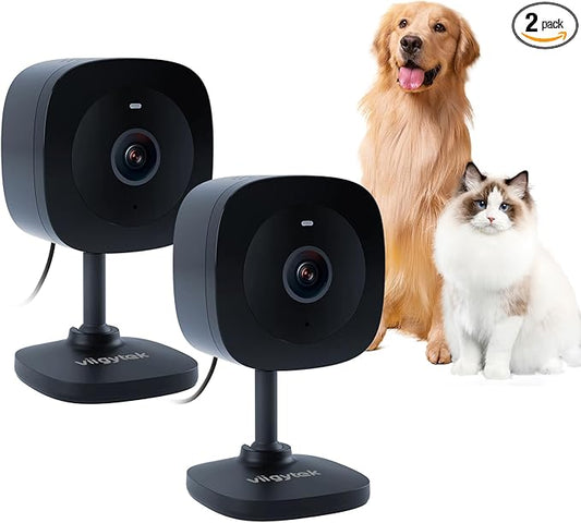 2K Home Indoor Pet Security Camera 2.4GHz with Night Vision, Dog/Cat 2-Way Audio, Wired, Motion Detection and Pet Monitor, Cloud & SD Card Storage, Phone App Control (Black-2Pack)