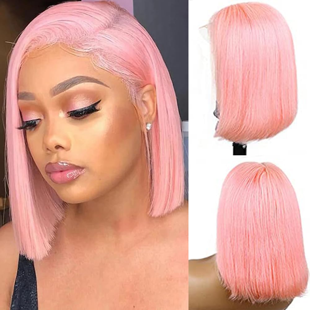Pink Bob Wigs Human Hair 180% Density Glueless 8 Inch 13X4 Lace Front Brazilian Hair Silky Straight Middle Part Bob Wig For Wome