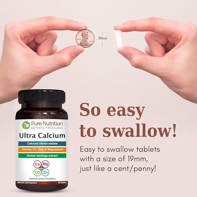 Pure Nutrition Ultra Calcium 1000mg with VIT D3 + K2 | 270 Tabs (90 X Pack of 3) | Highly absorbable Calcium Supplement with Calcium Citrate Malate, VIT D3, K2, Moringa Oleifera, Magnesium and Zinc.
