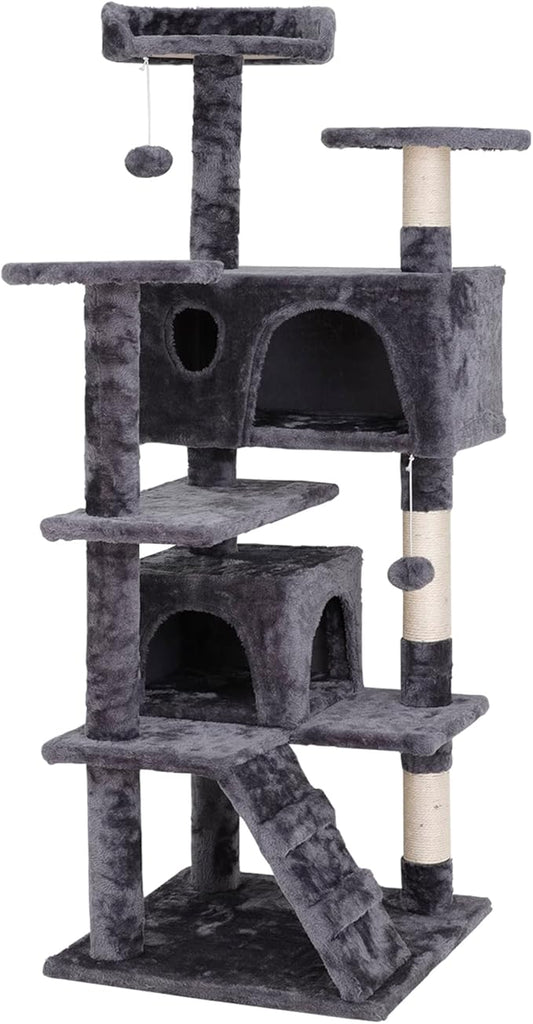 54-Inch Cat Tree for Large Cats, Sturdy Multi-Level Cat Tower with 2 Condos, Hanging Ball and Sisal Scratching Posts, Durable Cat Furniture for Indoor Cats (Dark Grey)